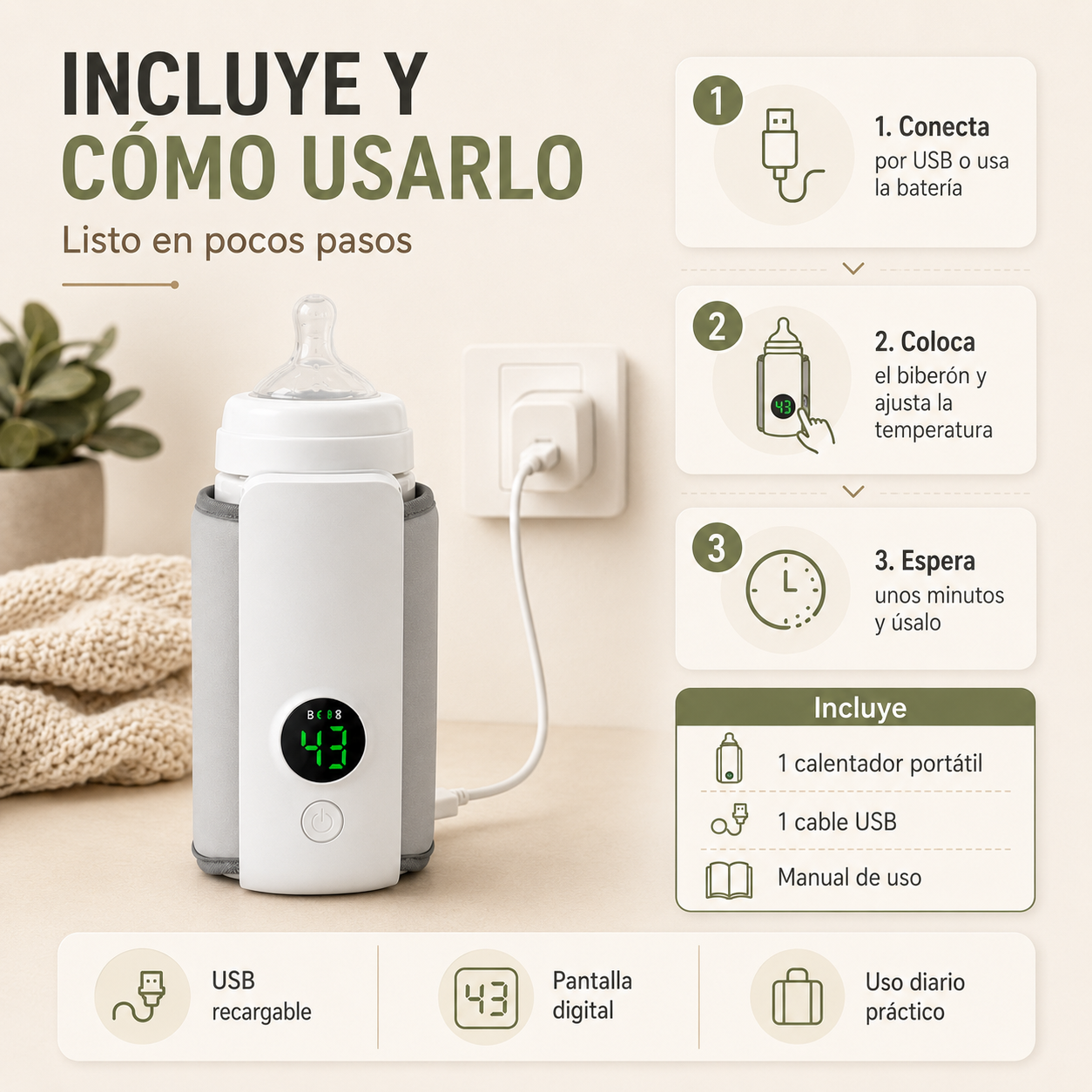 Calentador de Biberón Portátil Recargable USB