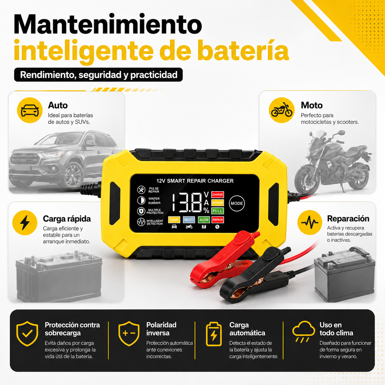 Cargador Inteligente de Batería 12V para Auto y Moto