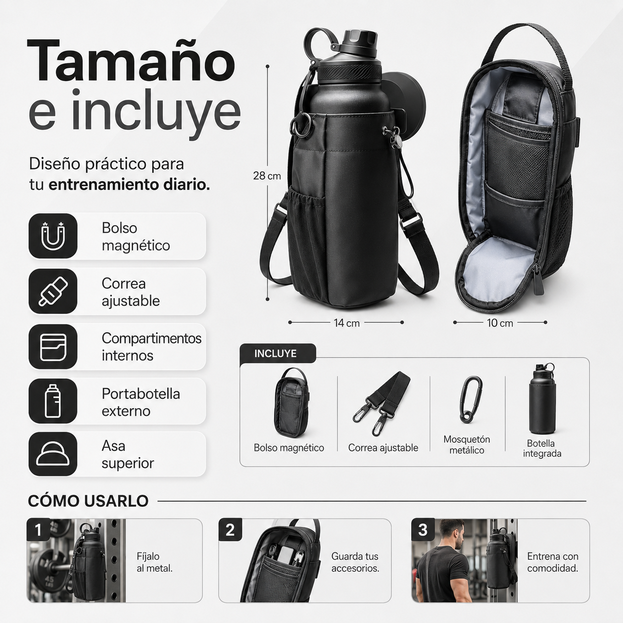 Bolso Magnético para Gym con Portabotella – Organizador Deportivo Multifunción