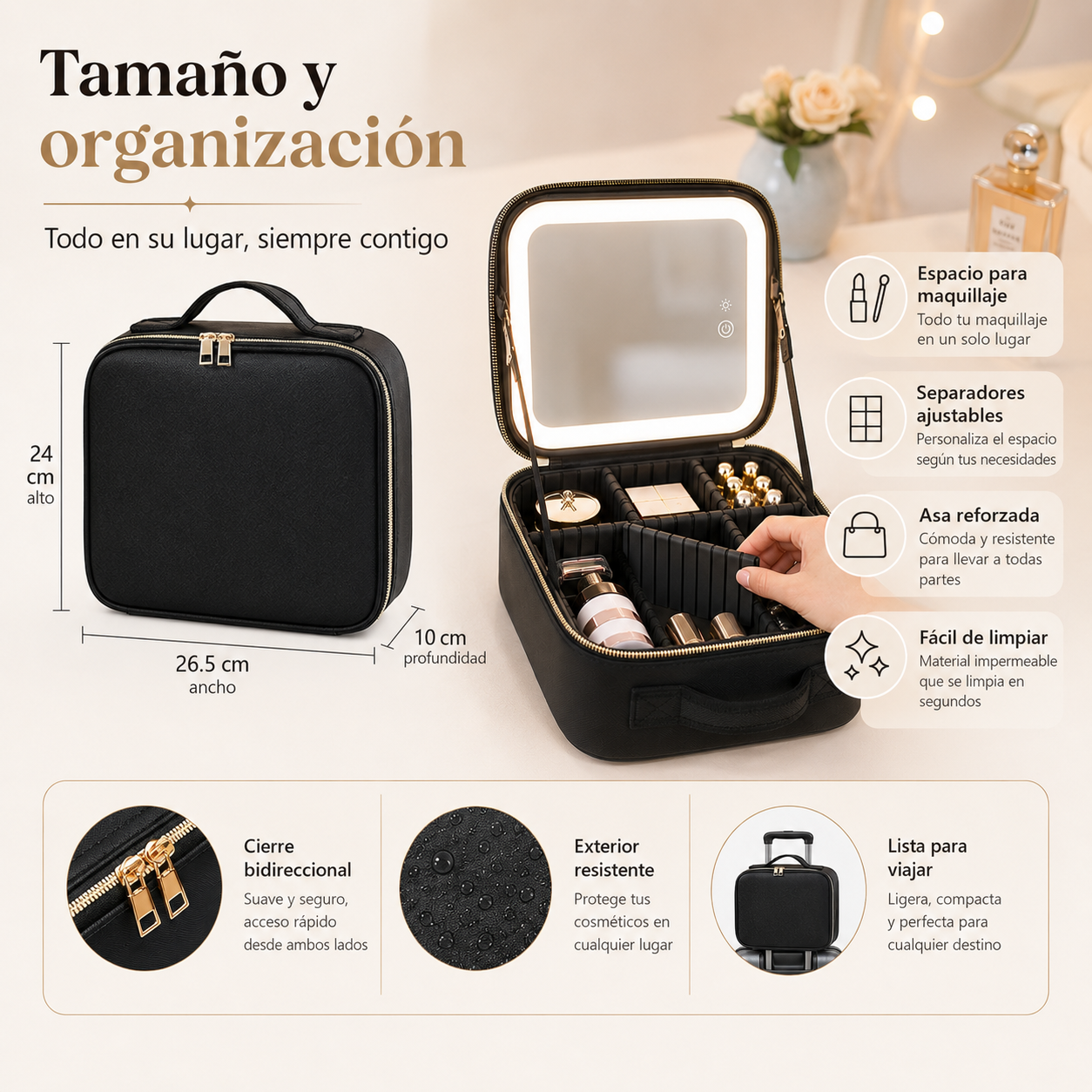 Cosmetiquera con Espejo LED – Organizador de Maquillaje con Luz Ajustable