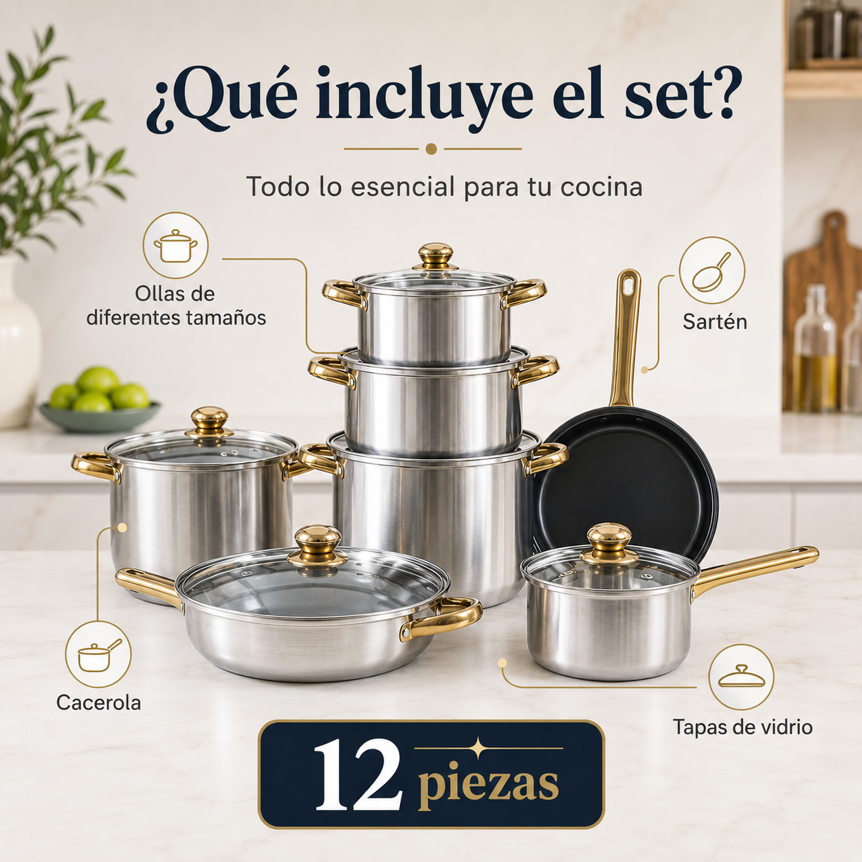 Set de Ollas 12 Piezas para Inducción – Cocina Completa en Acero Inoxidable