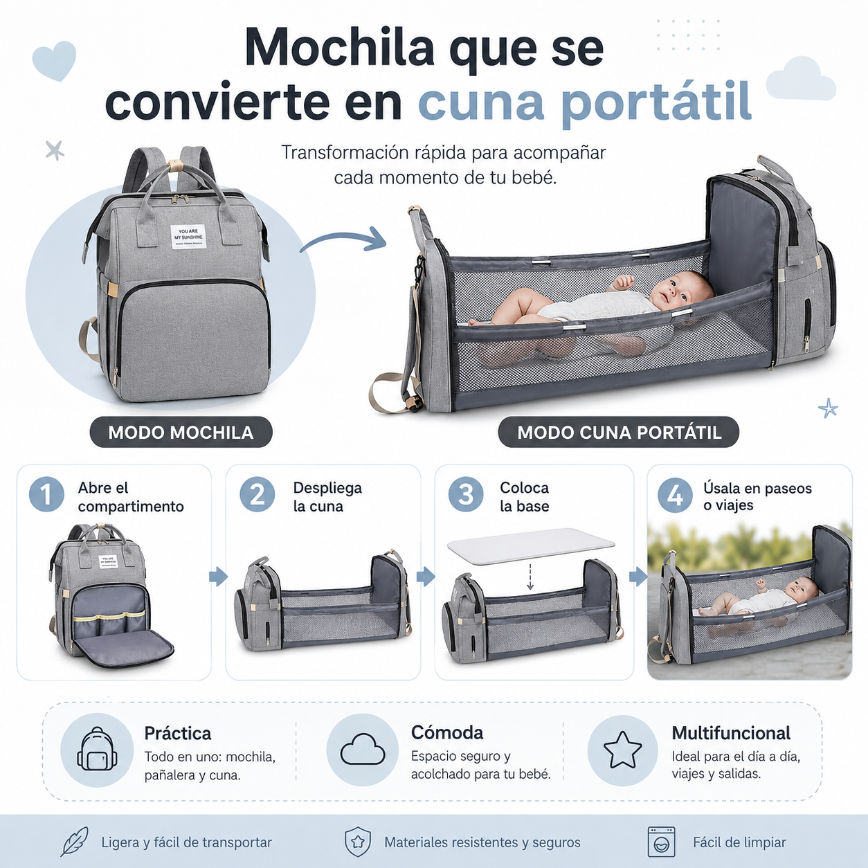 Bolso Pañalera Multifuncional con Cuna Portátil