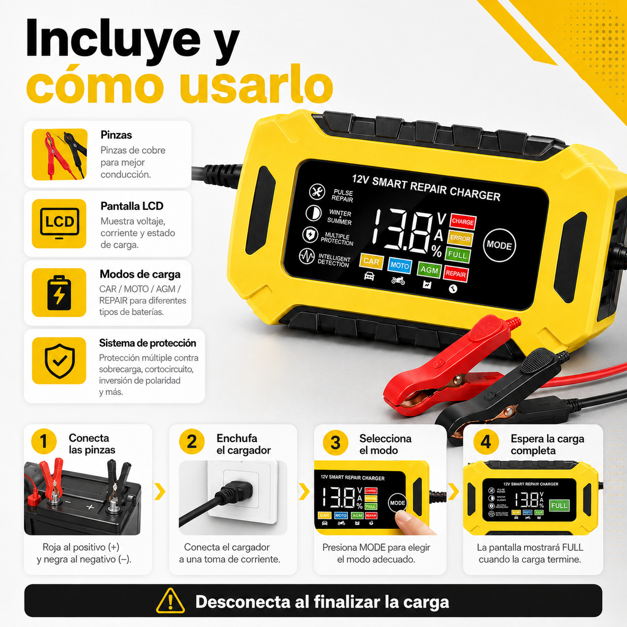 Cargador Inteligente de Batería 12V para Auto y Moto