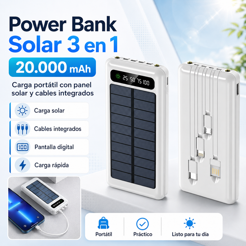 Power Bank Solar 3 en 1 de 20.000 mAh – Carga Portátil con Cables Integrados