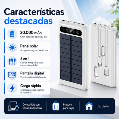 Power Bank Solar 3 en 1 de 20.000 mAh – Carga Portátil con Cables Integrados
