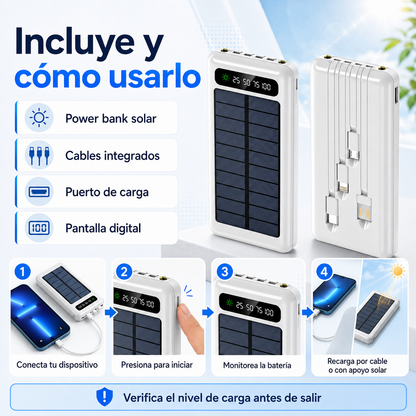Power Bank Solar 3 en 1 de 20.000 mAh – Carga Portátil con Cables Integrados