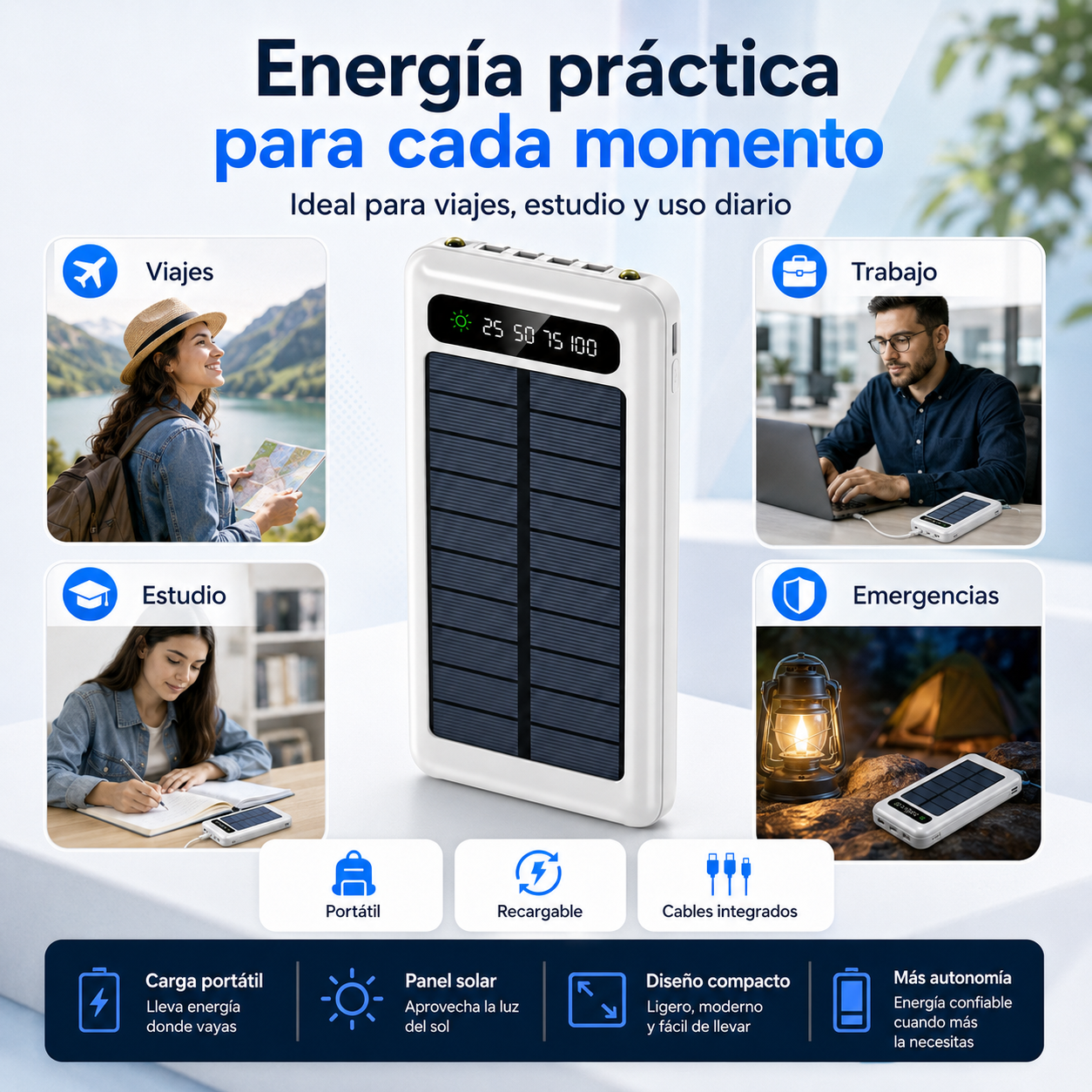 Power Bank Solar 3 en 1 de 20.000 mAh – Carga Portátil con Cables Integrados