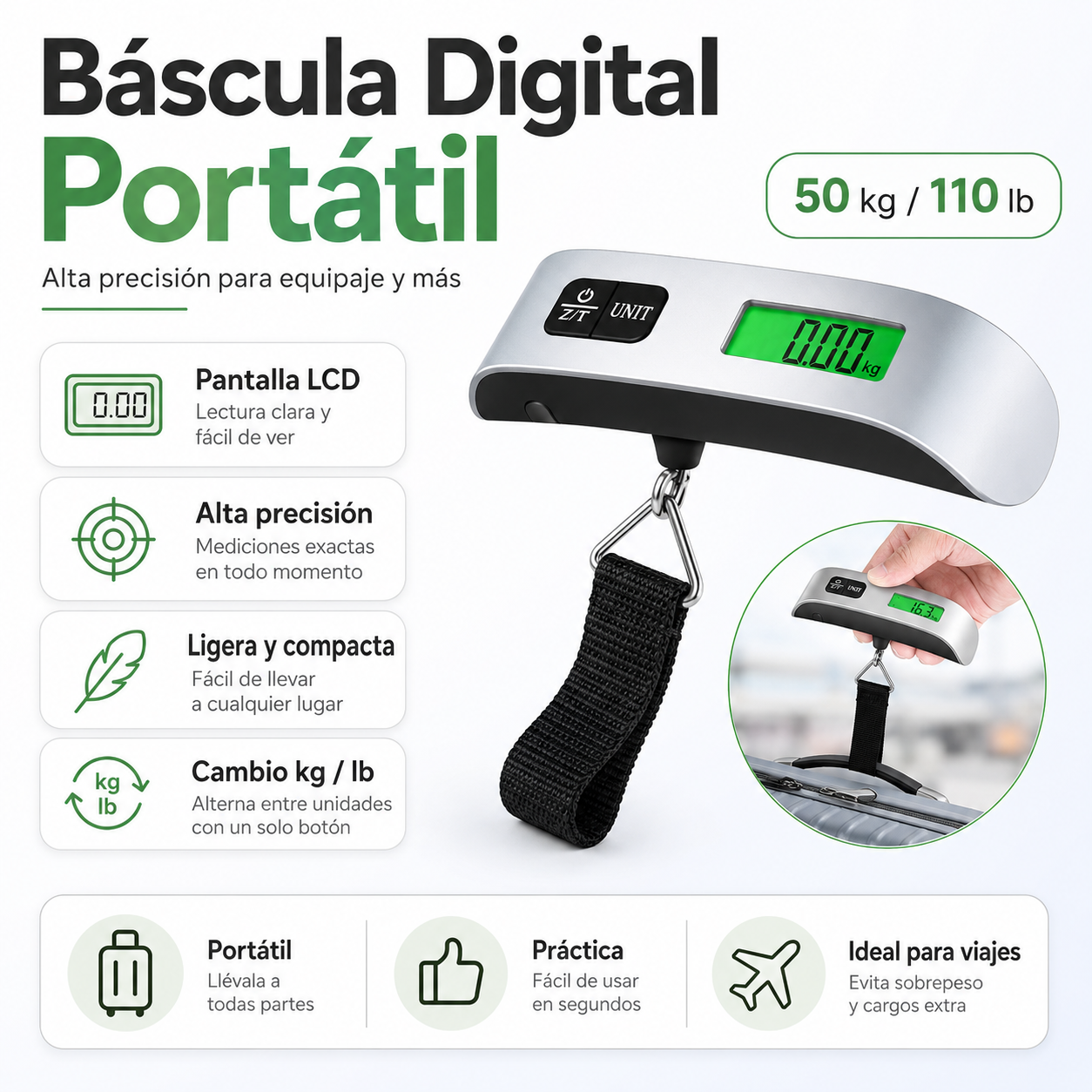 Báscula Digital Portátil para Equipaje 50 kg – Precisión para Viajes y Envíos