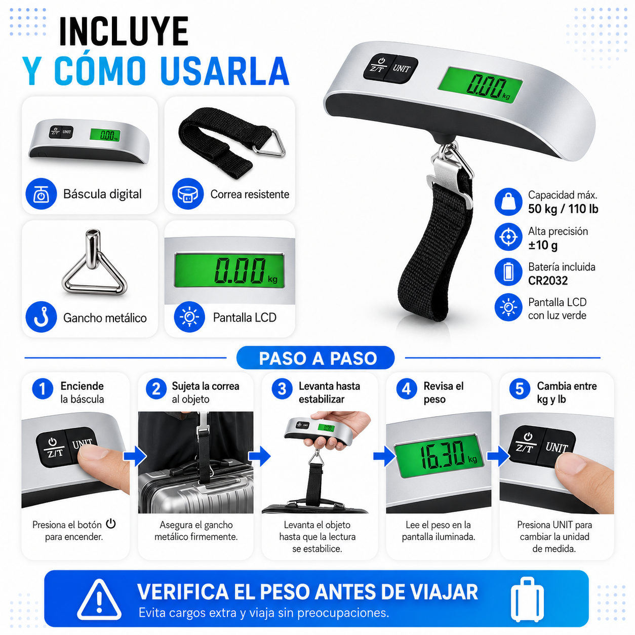 Báscula Digital Portátil para Equipaje 50 kg – Precisión para Viajes y Envíos