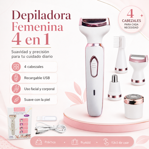 Depiladora Femenina 4 en 1 Recargable USB – Cuidado Facial y Corporal