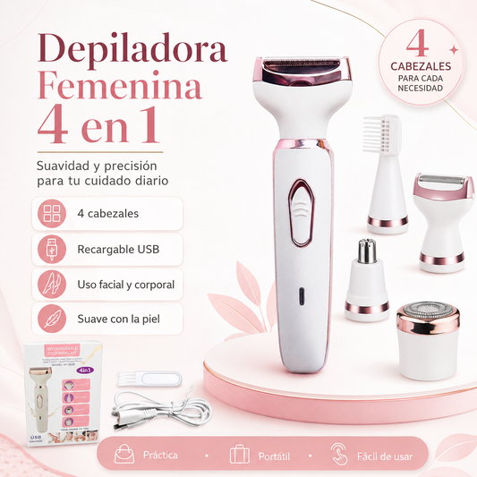 Depiladora Femenina 4 en 1 Recargable USB – Cuidado Facial y Corporal