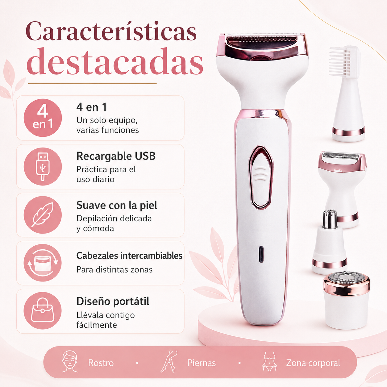 Depiladora Femenina 4 en 1 Recargable USB – Cuidado Facial y Corporal