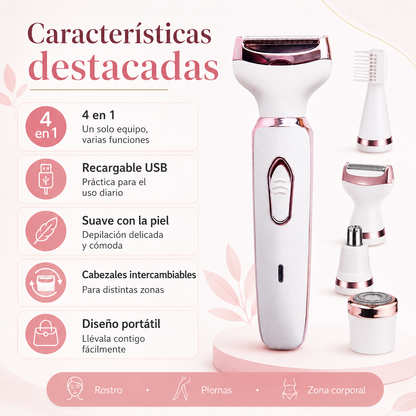 Depiladora Femenina 4 en 1 Recargable USB – Cuidado Facial y Corporal