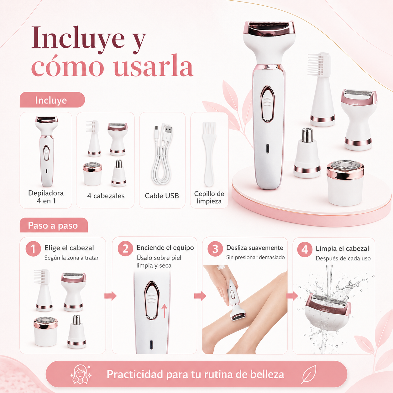 Depiladora Femenina 4 en 1 Recargable USB – Cuidado Facial y Corporal