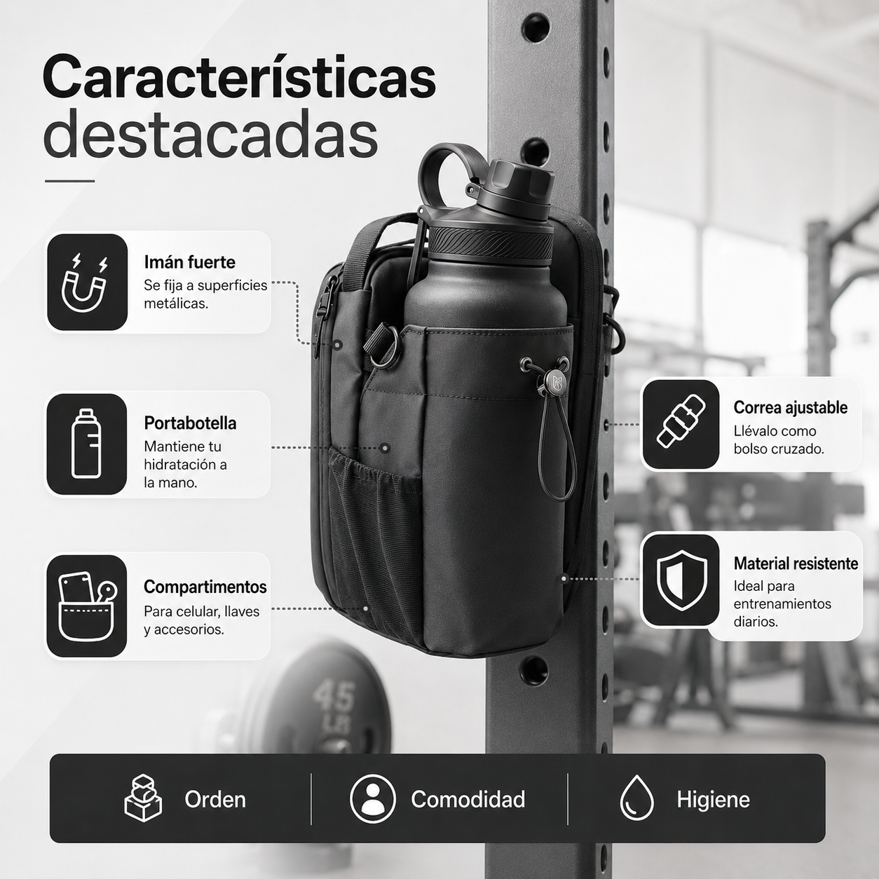 Bolso Magnético para Gym con Portabotella – Organizador Deportivo Multifunción