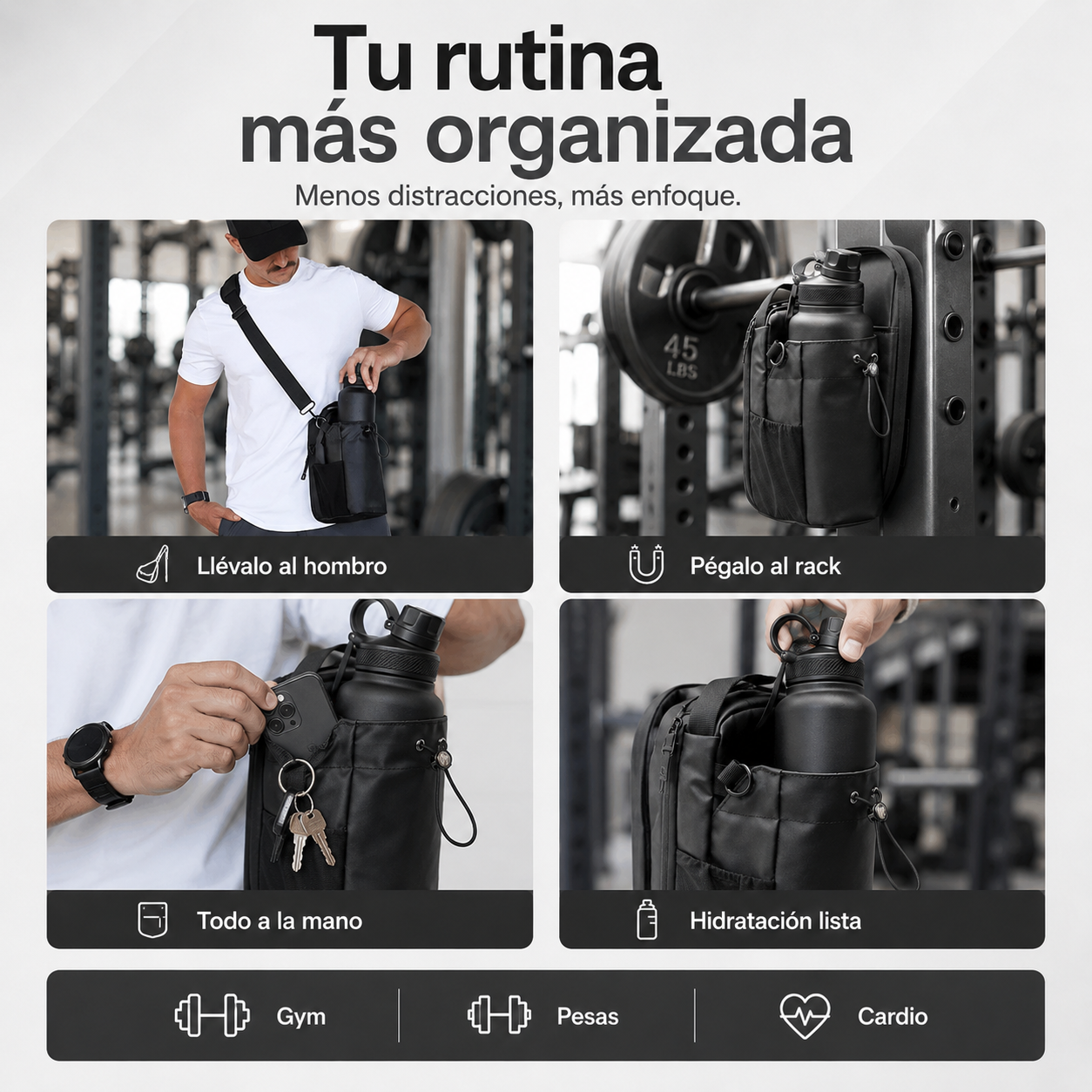 Bolso Magnético para Gym con Portabotella – Organizador Deportivo Multifunción