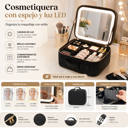 Cosmetiquera con Espejo LED – Organizador de Maquillaje con Luz Ajustable