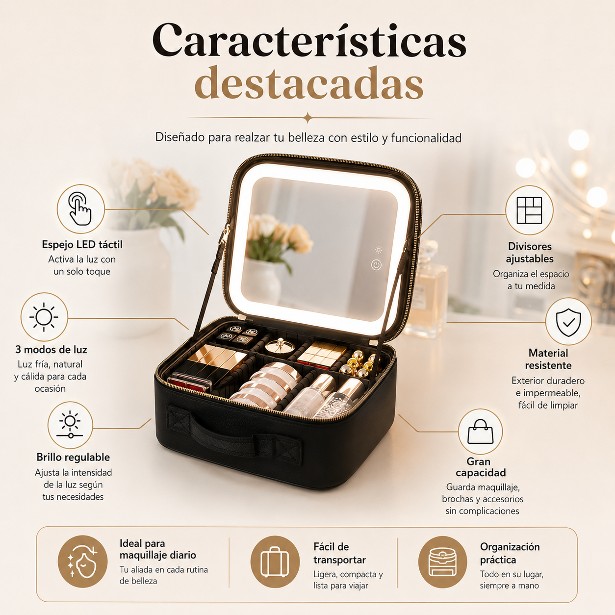Cosmetiquera con Espejo LED – Organizador de Maquillaje con Luz Ajustable