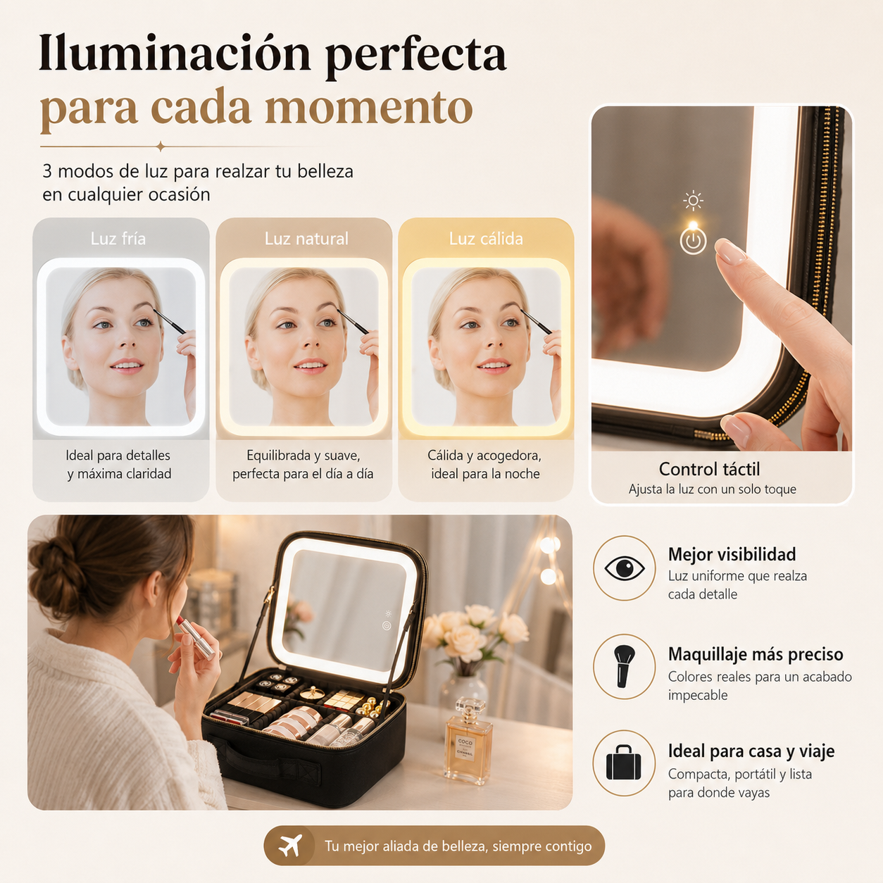 Cosmetiquera con Espejo LED – Organizador de Maquillaje con Luz Ajustable