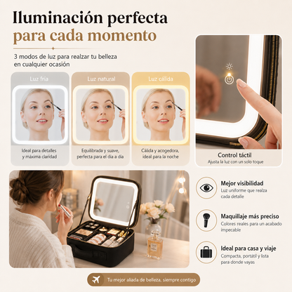 Cosmetiquera con Espejo LED – Organizador de Maquillaje con Luz Ajustable