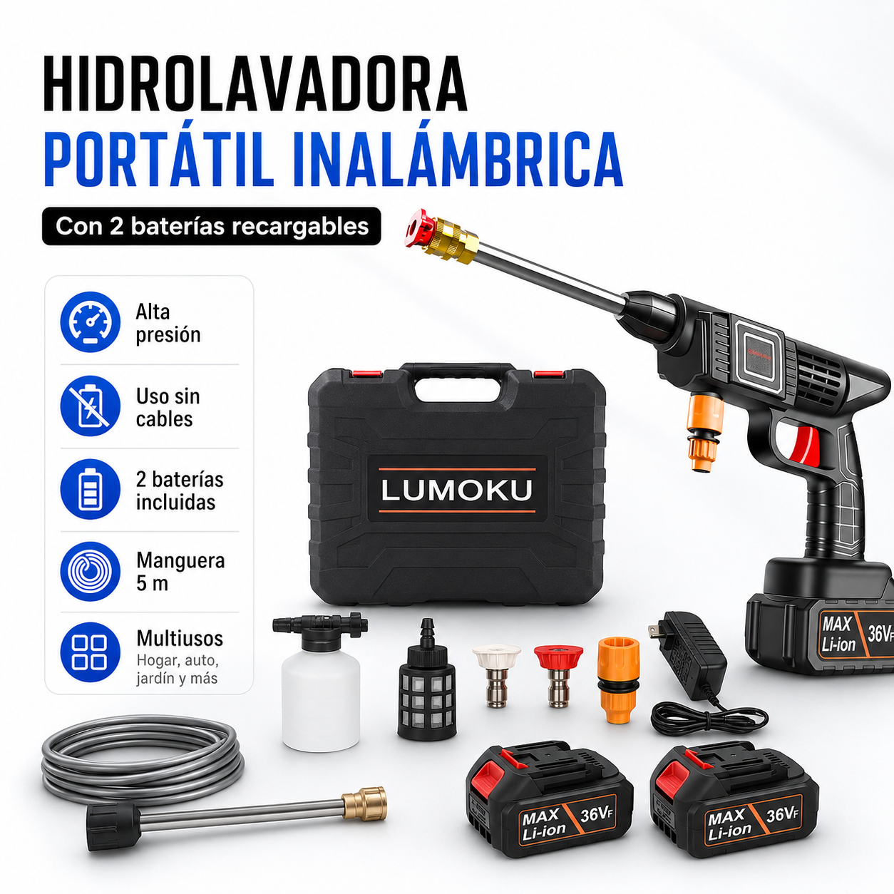 Hidrolavadora Portátil Inalámbrica con 2 Baterías – Limpieza para Auto, Moto y Hogar