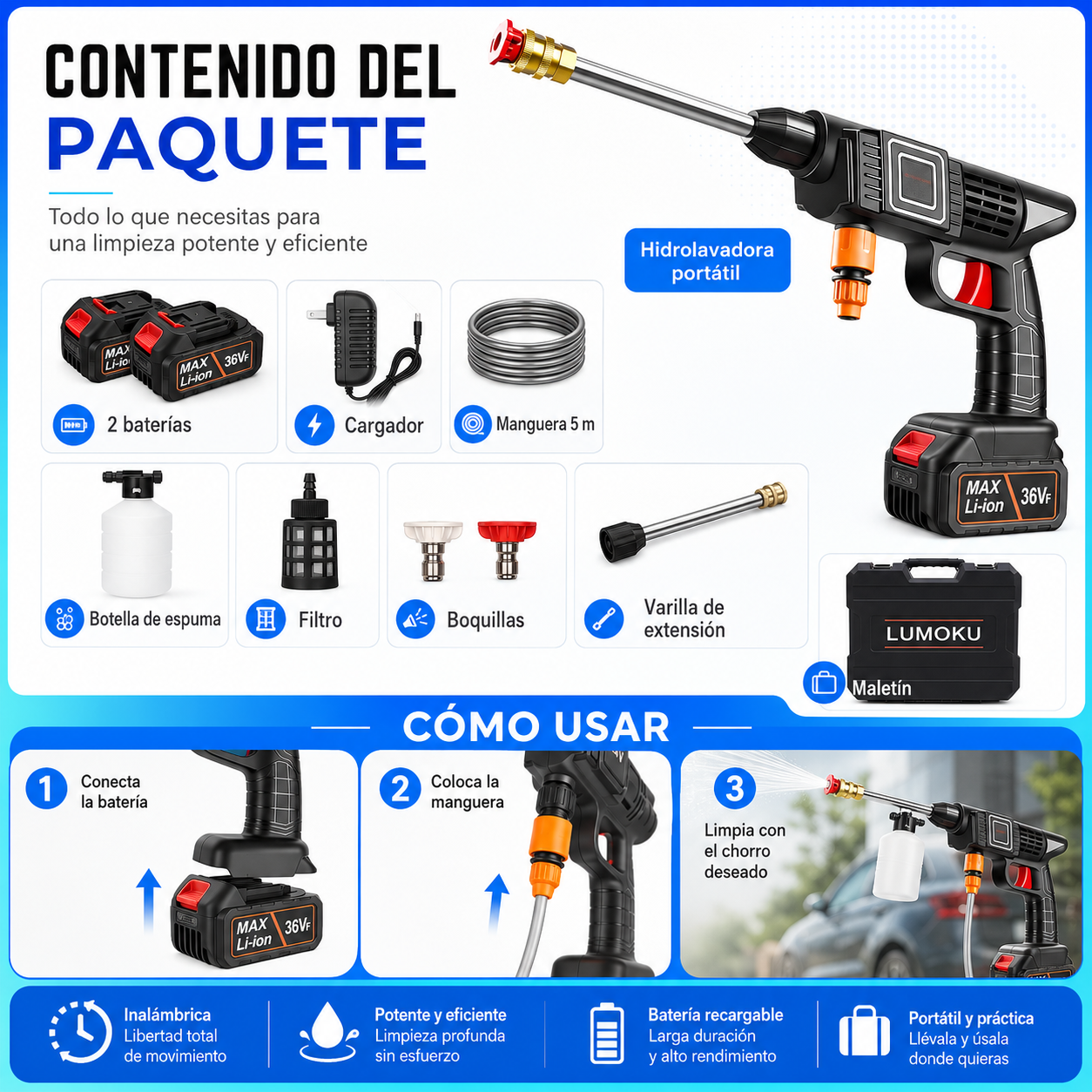 Hidrolavadora Portátil Inalámbrica con 2 Baterías – Limpieza para Auto, Moto y Hogar