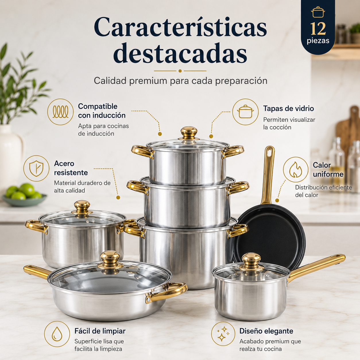 Set de Ollas 12 Piezas para Inducción – Cocina Completa en Acero Inoxidable
