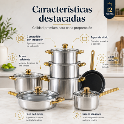 Set de Ollas 12 Piezas para Inducción – Cocina Completa en Acero Inoxidable