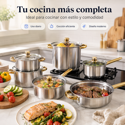 Set de Ollas 12 Piezas para Inducción – Cocina Completa en Acero Inoxidable