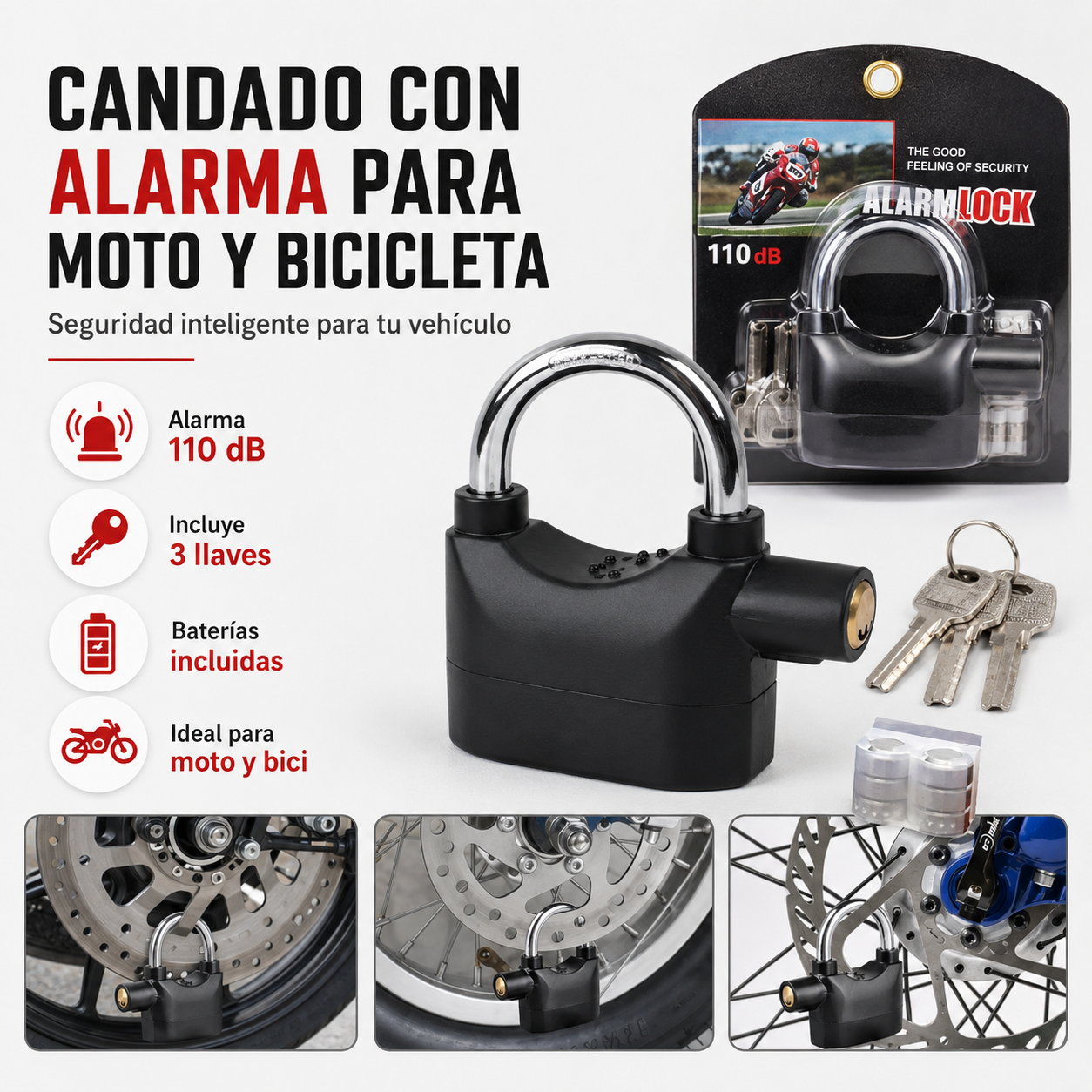Candado con Alarma para Moto y Bicicleta – Seguridad Antirrobo 110 dB