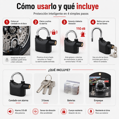 Candado con Alarma para Moto y Bicicleta – Seguridad Antirrobo 110 dB
